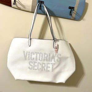 Victoria’s Secret Large White Shoulder Tote Bag / Silver Lining and Tassle